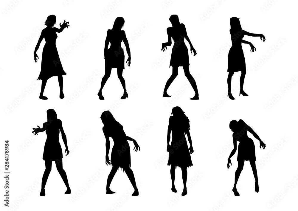 Obraz premium Female Zombie standing and reaching hand in Silhouette style. Collection of Full lenght of people resurrected from the dead.