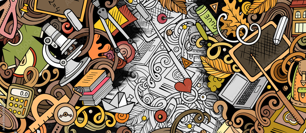 Fototapeta premium Cartoon cute colorful hand drawn doodles School background
