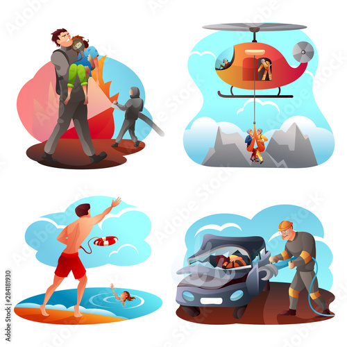 Emergency services flat vector illustrations set
