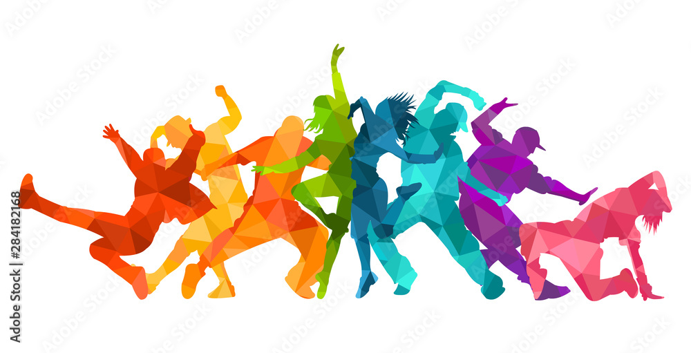 Szczegółowych ilustracji wektorowych sylwetki ekspresyjnego tańca kolorowe grupy ludzi tańczących. Jazz funk, hip-hop, house dance. Mężczyzna tancerz skoki na białym tle. Szczęśliwa uroczystość <span>plik: #284182168 | autor: Razym</span>