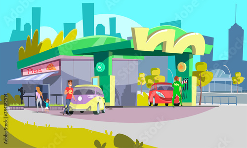 Modern gas station flat vector illustration