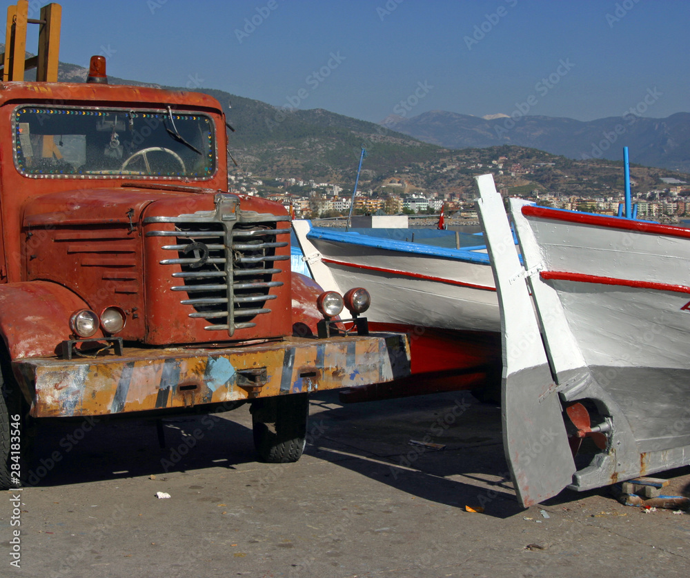 Harbor and truck oldtimer Mosk Coast Alanya Turkey 
