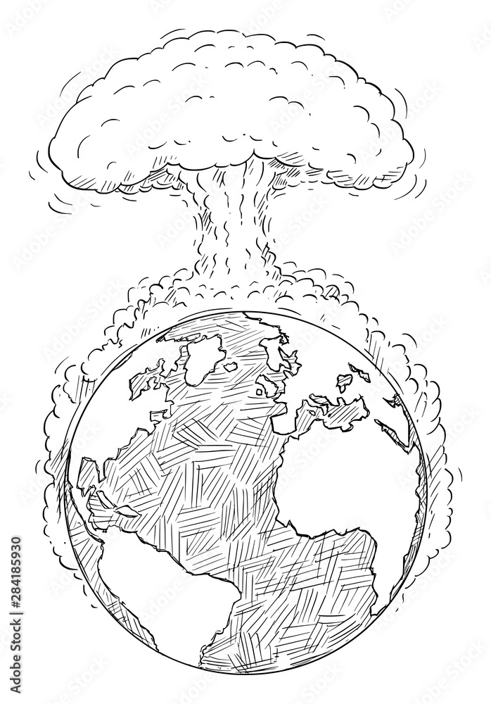 Vector cartoon drawing or illustration of planet Earth or world destroyed  big nuclear explosion or global war or conflict. Concept of apocalypse.  Stock Vector | Adobe Stock