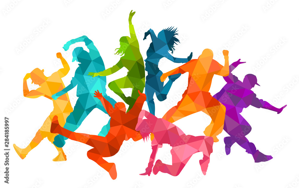 Fototapeta Detailed vector illustration silhouettes of expressive dance colorful group of people dancing. Jazz funk, hip-hop, house dance. Dancer man jumping on white background. Happy celebration