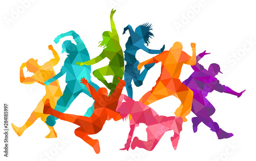 Fototapeta Szczegółowe wektorowe ilustracyjne sylwetki ekspresyjny taniec kolorowa grupa ludzi tanczy. Jazz funk, hip-hop, house dance. Tancerza mężczyzna doskakiwanie na białym tle. Szczęśliwego świętowania