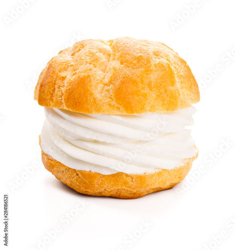 Cream Puff or Profiterole, a French Dessert Filled with Pastry Cream, Isolated on White Background