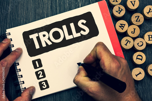 Writing note showing Trolls. Business photo showcasing Online troublemakers posting provocative inflammatory messages Creative idea paper object inspiration lovely thoughts puzzle notepad photo