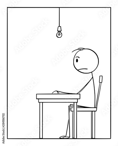 Vector cartoon stick figure drawing conceptual illustration of lonesome frustrated man sitting alone in depression in his apartment.