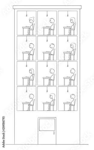 Vector cartoon stick figure drawing conceptual illustration of lonesome frustrated people sitting alone in depression in their homes in apartment building.