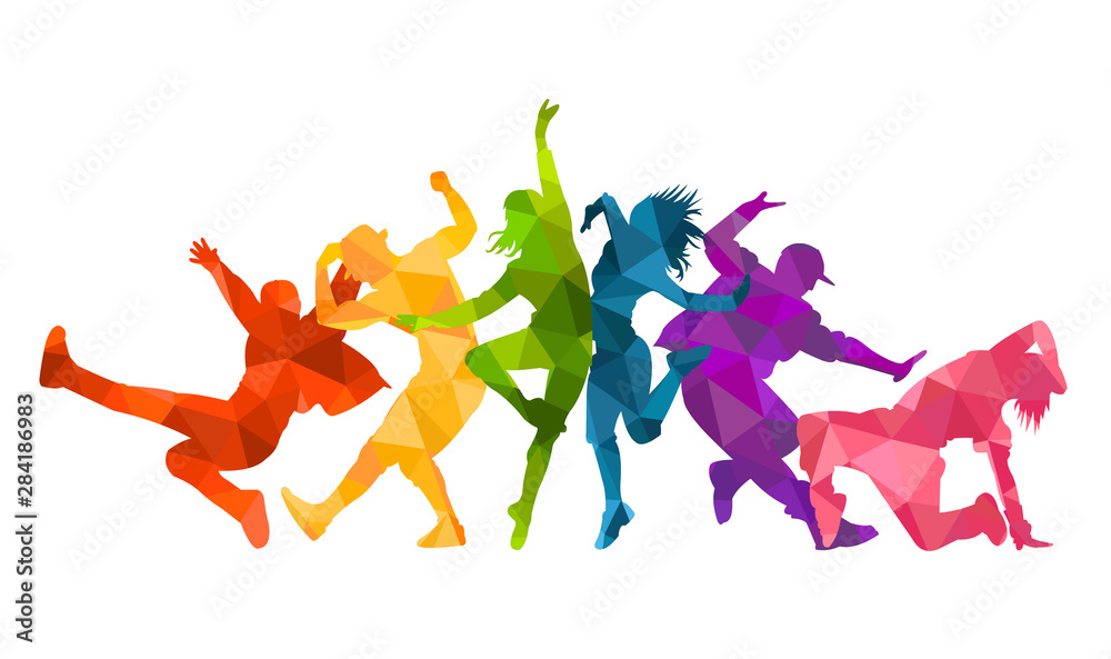 Fototapeta Szczegółowych ilustracji wektorowych sylwetki taniec ekspresyjny kolorowe grupy ludzi tańczących. Jazz funk, hip-hop, house dance. Mężczyzna tancerz skoki na białym tle. Szczęśliwa uroczystość