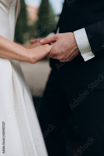 bride and groom holding hands close-up