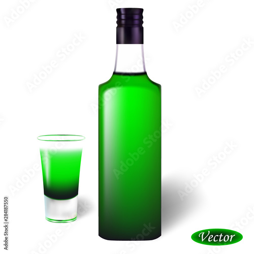 Realistic bottle and glass of absinthe. Colorful vector drawing. Design for paper, banners, labels, logos, t-shirts and more.