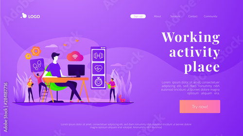 Activity and break reminder, app. Sedentary work, inactive lifestyle. Fitness tracker. IOT office desk, health tracking, working activity place concept. Website homepage header landing web page