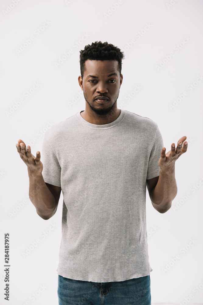 upset african american man gesturing isolated on white upset african american man gesturing isolated on white