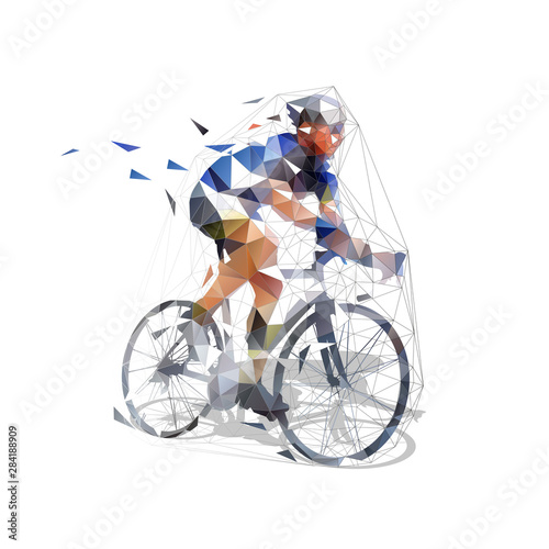 Road cycling. Cyclist riding bike. Low polygonal isolated vector illustration