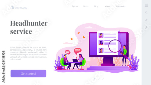 Job interview. Employee hiring. HR management. Employment service. Candidates seeker. Human resources, HR team work, headhunter service concept. Website homepage header landing web page template.