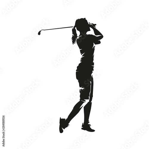 Young woman playing golf, isolated vector silhouette. Golf swing, side view