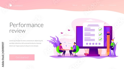 Employment service, recruitment agency. Candidate sourcing, HR interview. Employee evaluation, assessment form and report, performance review concept. Website homepage header landing web page template