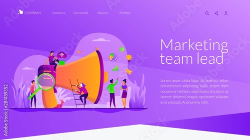Partners cooperation. Colleagues coworking. Digital marketing team, success metrics, marketing team lead, team responsibilities concept. Website homepage header landing web page template.