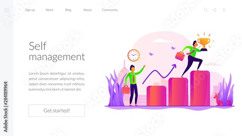 Personal development and goals achievement. Career growth. Self-management, self regulation learning, self-organization course concept. Website homepage header landing web page template.