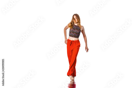 Girl perform dancing isolated on white background