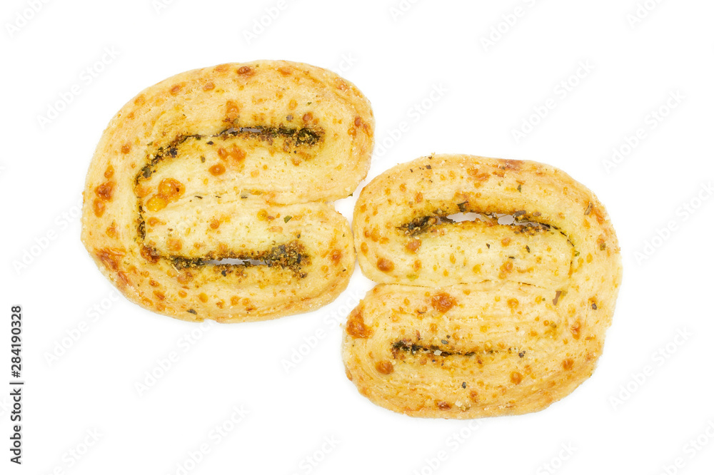 Group of two whole savory cheese palmier flatlay isolated on white background Group of two whole savory cheese palmier flatlay isolated on white background