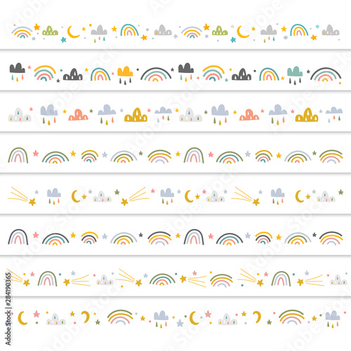 Decorative frame ribbons and border dividers made of handdrawn scandinavian style illustrations of stars, rainbow and clouds. Good for baby room decoration or washi sticker tape stationary accessory.