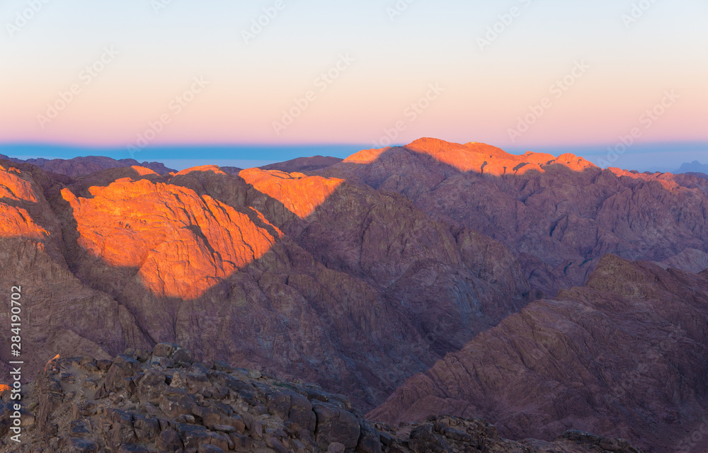 Amazing Sunrise at Sinai Mountain, Beautiful dawn in Egypt, Beautiful view from the mountain	