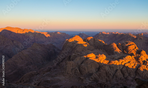 Fototapeta Naklejka Na Ścianę i Meble -  Amazing Sunrise at Sinai Mountain, Beautiful dawn in Egypt, Beautiful view from the mountain	