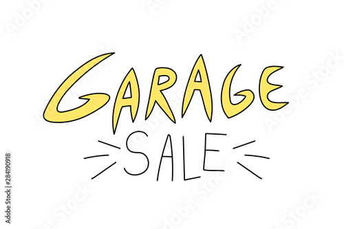 Garage sale, funny yellow and black line doodle cartoon lettering isolated on white background. Second hand,thrift store, swapmeet, flea market banner. Sketchy yard discount shop announcement.