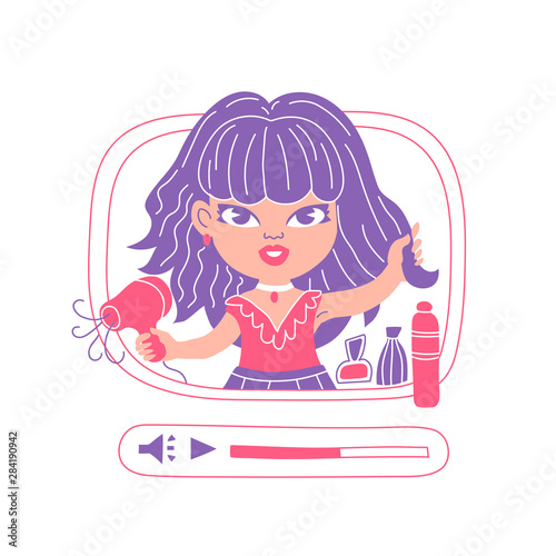 Female beauty blogger streaming, cute cartoon character isolated on white. Woman hairstyling with blow dryer. Hairdo tutorial video. Pink and violet vector illustration of a fashion diva commercial.