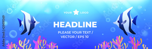 Underwater banner with fishes and corals. Vector illustration in colorful style.