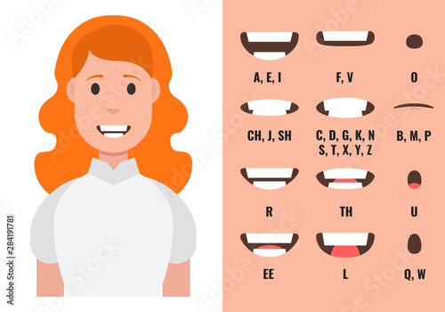 Female mouth animation. Phoneme mouth chart. Alphabet pronunciation. Vector illustration.