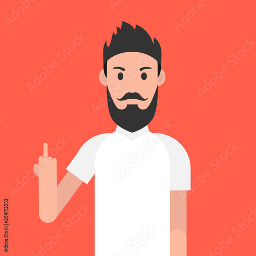 Man character with beard. Man is showing the middle finger. Obscene gesture. Vector illustration.