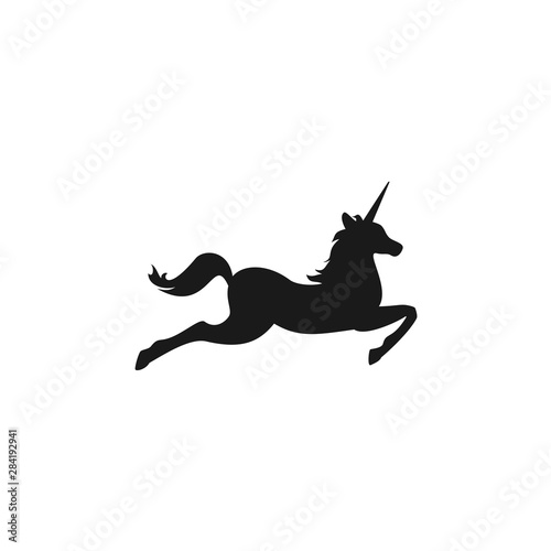 Black silhouette of graceful unicorn in jump. vector flat icon isolated on white