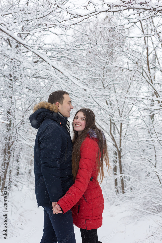 The guy and the girl have a rest in the winter woods. Husband and wife in the snow. Young couple walking in winter park The guy and the girl have a rest in the winter woods. Husband and wife in the snow. Young couple walking in winter park