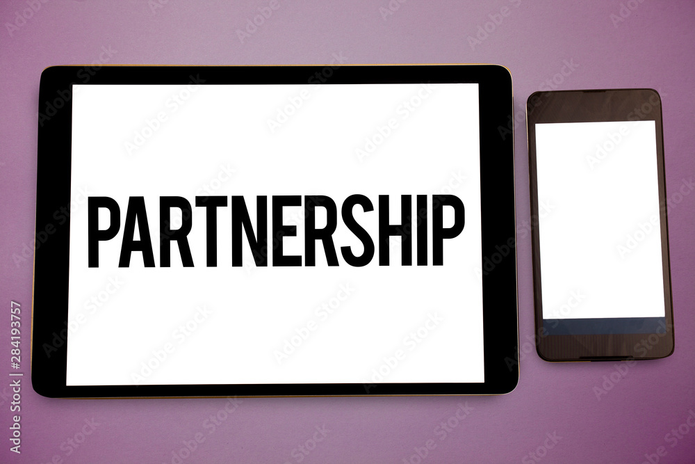 Writing note showing Partnership. Business photo showcasing Association of two or more people as partners Cooperation Unity Wide framed white smart screen tablet text messages communicate idea Writing note showing Partnership. Business photo showcasing Association of two or more people as partners Cooperation Unity Wide framed white smart screen tablet text messages communicate idea