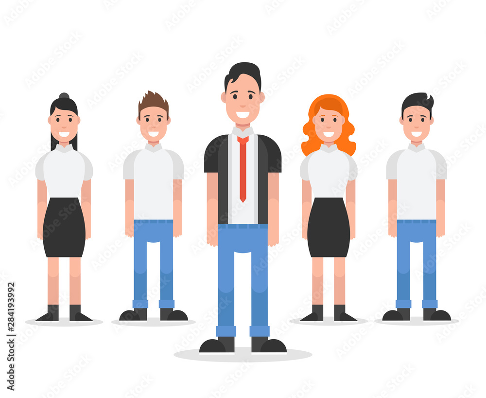 Successful team concept. Leader and and partners standing. Vector illustration.