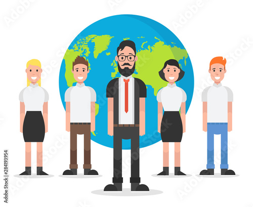 Successful team concept. Leader and and partners standing. Vector illustration.