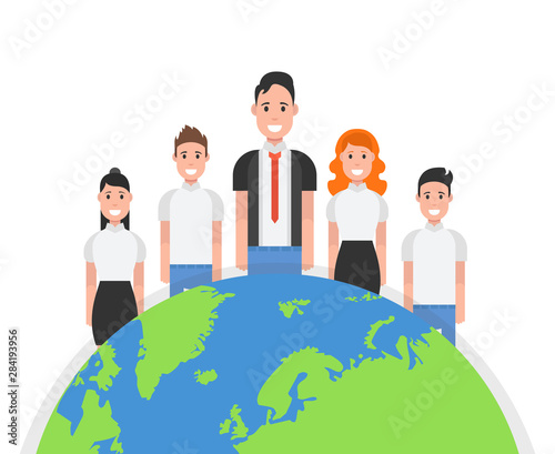 Successful team concept. Leader and and partners standing. Vector illustration.