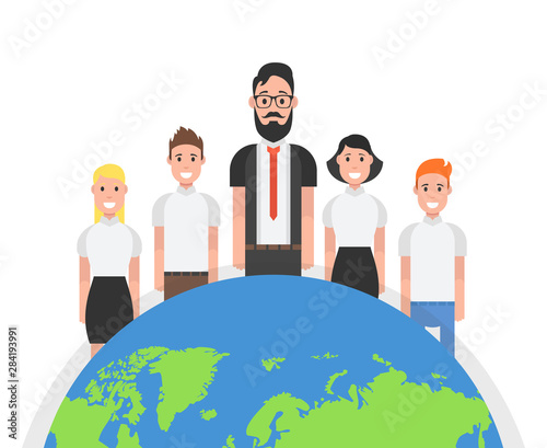 Successful team concept. Leader and and partners standing. Vector illustration.