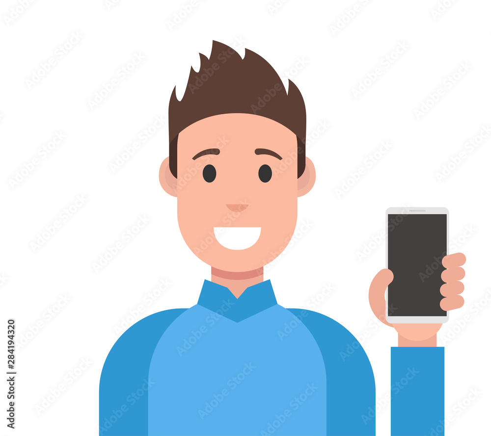 Happy man showing smartphone. Vector illustration.