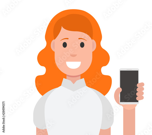 Happy woman showing smartphone. Vector illustration.