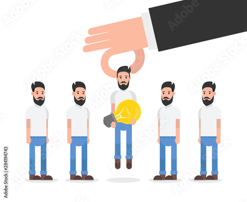 Hand choosing worker who has idea from group of people. Recruitment concept. Vector illustration.