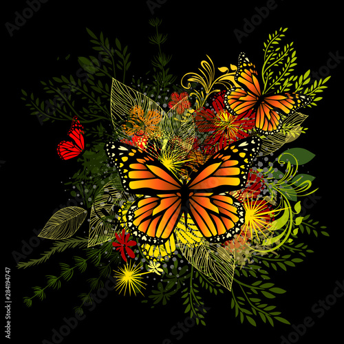 Flower abstraction with butterflies. Vector illustration