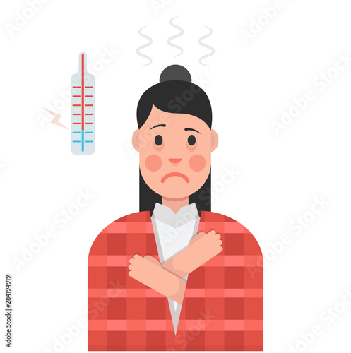 Sick woman with thermometer. Cold. Vector illustration.