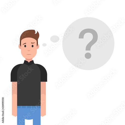 Man is thinking. Question mark. Character design. Vector illustration.