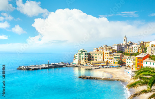 View of Bogliasco. Bogliasco is a ancient fishing village in Italy, Genoa, Liguria. Mediterranean Sea, sandy beach and architecture of Bogliasco town. photo