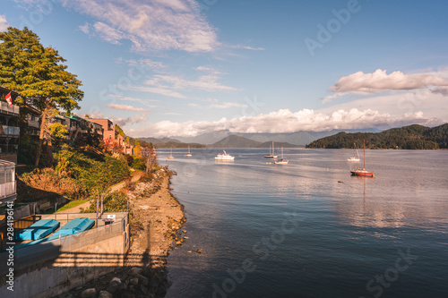 Dusk colours on the water overlooking sailboats in Gibsons British Columbia, Canada. 
