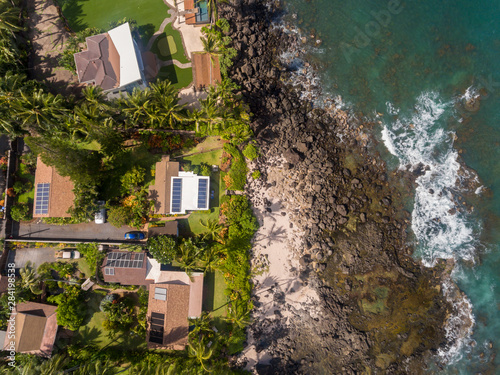 Aerial view of Oceanfront homes on the north shore of Oahu Hawaii